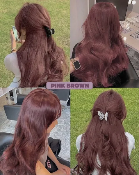 Collage of wavy medium-long pink brown hair, possibly on women of East Asian descent, showing a brunette base with dusty rose tones, a unique 2025 hair trend.