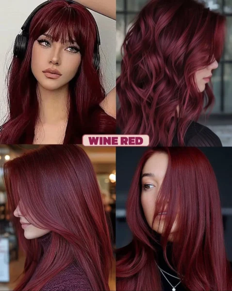 Collage of women, possibly of Caucasian descent, with medium-long wine red hair, showcasing a deep red with cool violet undertones, a 2025 hair trend.