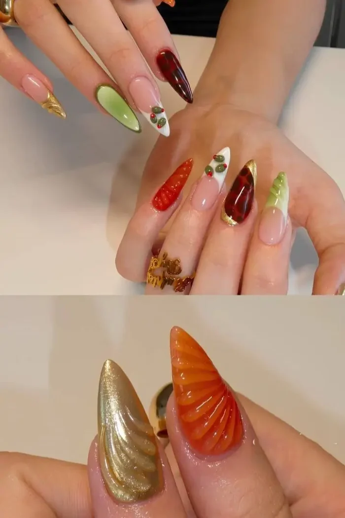 A luxurious mix-and-match manicure with classic tortoiseshell nails and black nails accented with shattered gold foil.