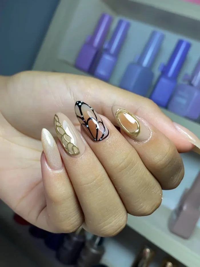 A minimalist nail art design on long coffin nails featuring a thin black outline of the French tip and cuticle on a sheer nude base.