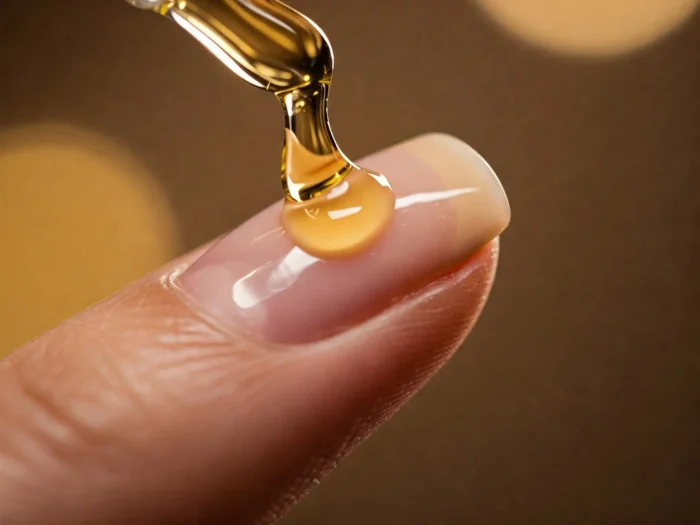 Macro shot of a glass dropper applying a single golden drop of nourishing cuticle oil to a clean, natural fingernail for essential nail hydration.