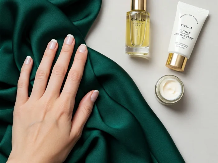Elegant hand with a healthy French manicure resting on green silk, alongside Enilla cuticle oil and Cella cuticle repair cream, showcasing luxury nail care products.