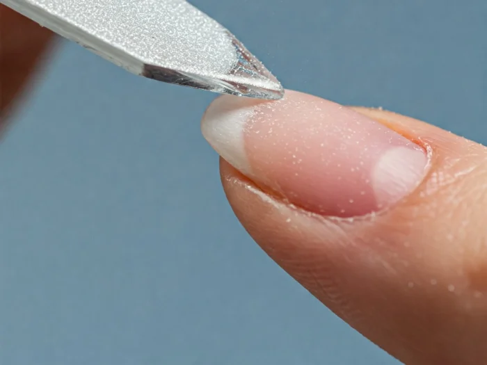 Thumbnail for Nail Care 101 guide: Close-up of a precision nail file expertly shaping a healthy fingernail tip.