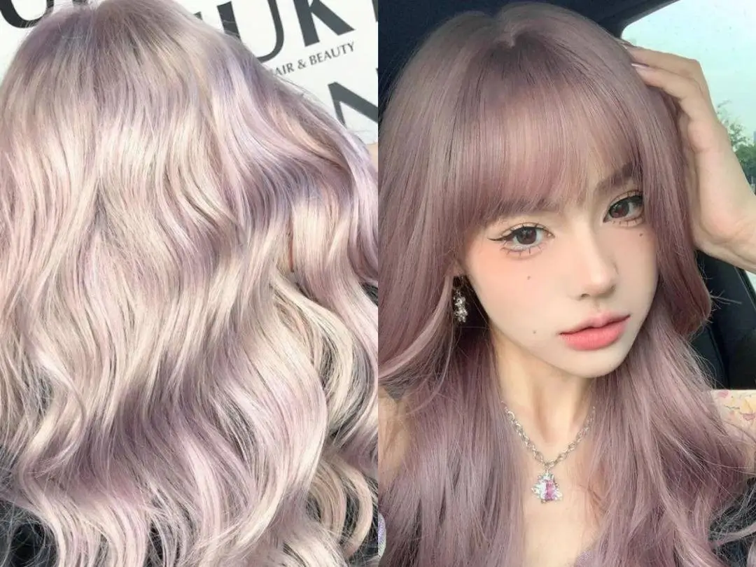 Split image thumbnail: Wavy lilac rose blonde hair (left) and young woman, potentially of East Asian descent, with purple blonde hair and bangs (right), representing a 2025 trending hair color.