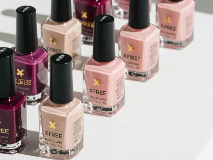 Assortment of XFREE non-toxic nail polish bottles in various chic shades of pink, nude, and berry, highlighting conscious product choices for nail health.