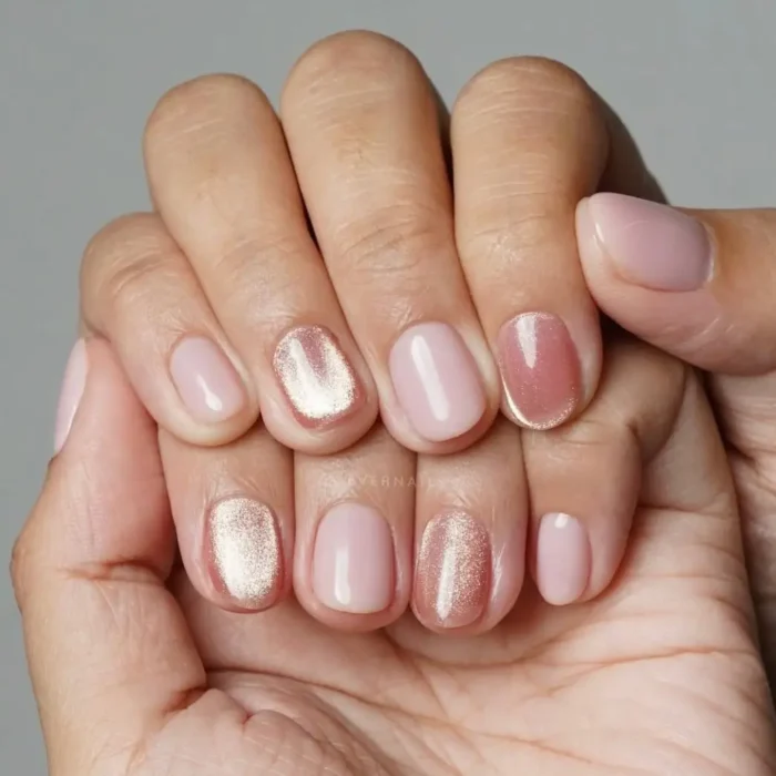 A close-up of a mixed manicure on short nails, alternating between creamy pink and a shimmering rose-gold pink cat eye polish.