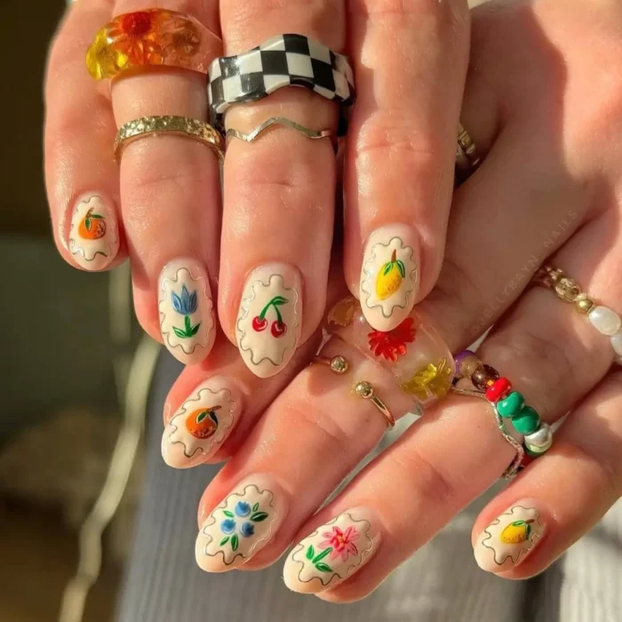 Hands with chunky rings showing fruit and flower nail art, with each motif framed to look like a vintage sticker.