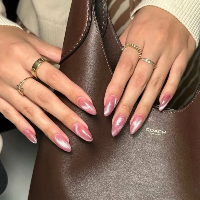 A chic manicure featuring long stiletto nails with a pink cat eye design and a bright silvery shimmer.