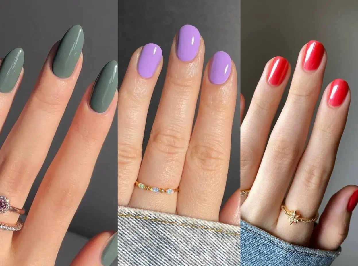 A collage showing three of the most popular nail colors for 2025: a dusty eucalyptus green, a cheerful lilac purple, and a classic cherry red manicure.