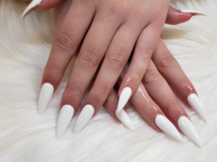 Hands with long, sharp stiletto nails painted with an opaque, simple white nail design.