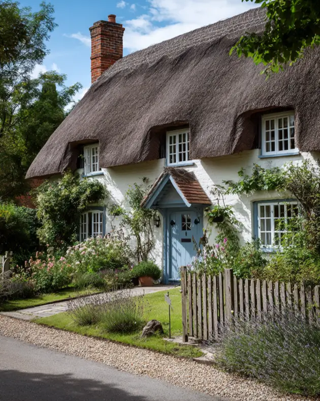 An English cottage exterior with a classic thatched roof and a welcoming blue door set in a lush garden.