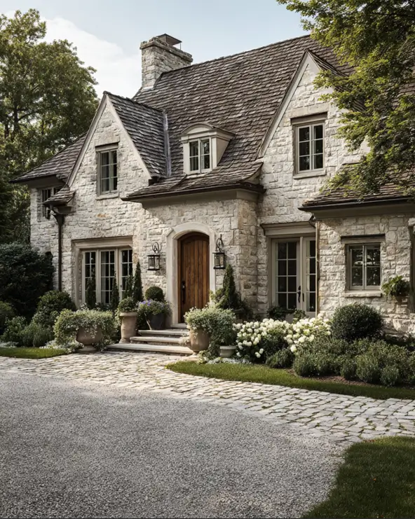 An elegant stone English cottage exterior complemented by a formal garden with manicured topiaries.