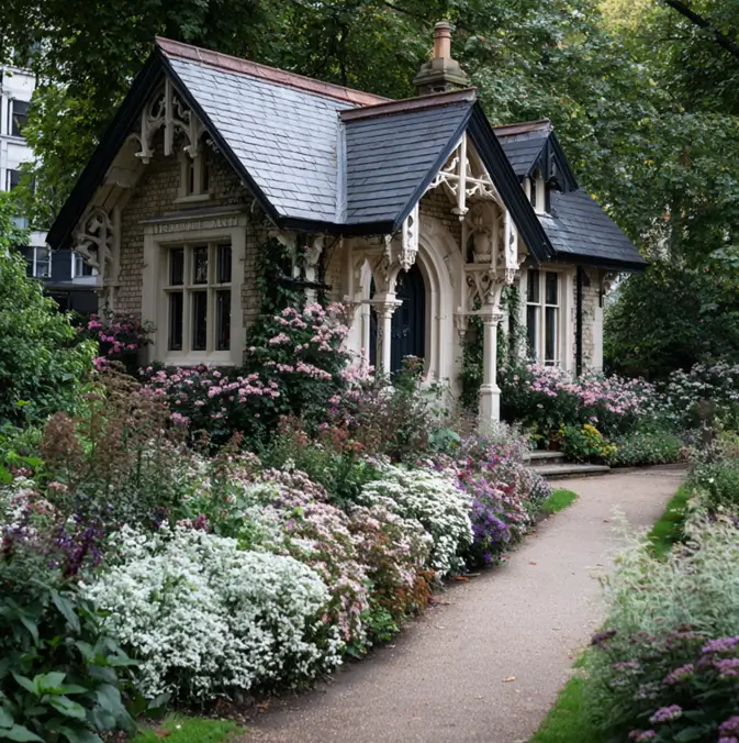 A quaint English cottage exterior with decorative, fairytale-like trim along the gables and a slate roof.