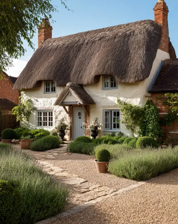 A cohesive color palette on an English cottage, with soft blue-gray paint on the door and casement windows.