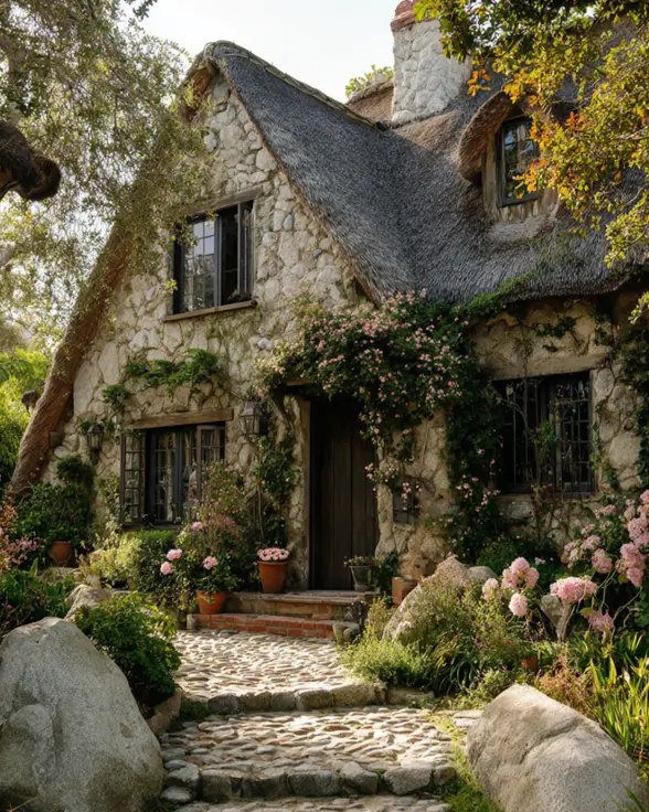 A whimsical English cottage exterior built from rustic, weathered fieldstone with a cobblestone path.