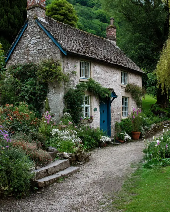 The rustic stone facade of an English cottage, featuring a bold and cheerful cobalt blue front door.