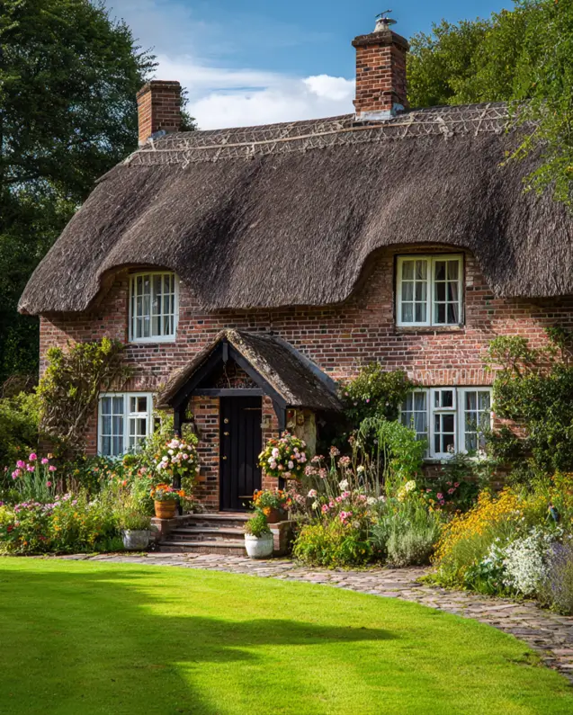 The handsome brick facade of an English cottage, featuring a dark wood covered porch for a sheltered entry.