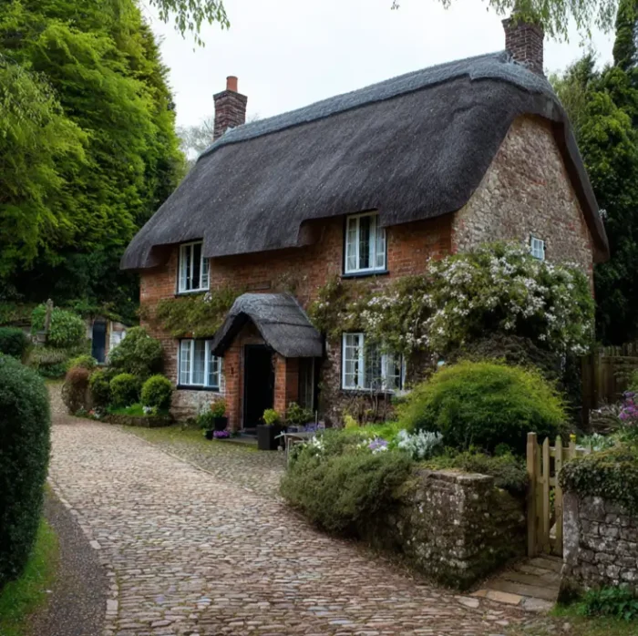 A rustic English cottage style exterior featuring a charming mix of natural stone and warm brick walls.