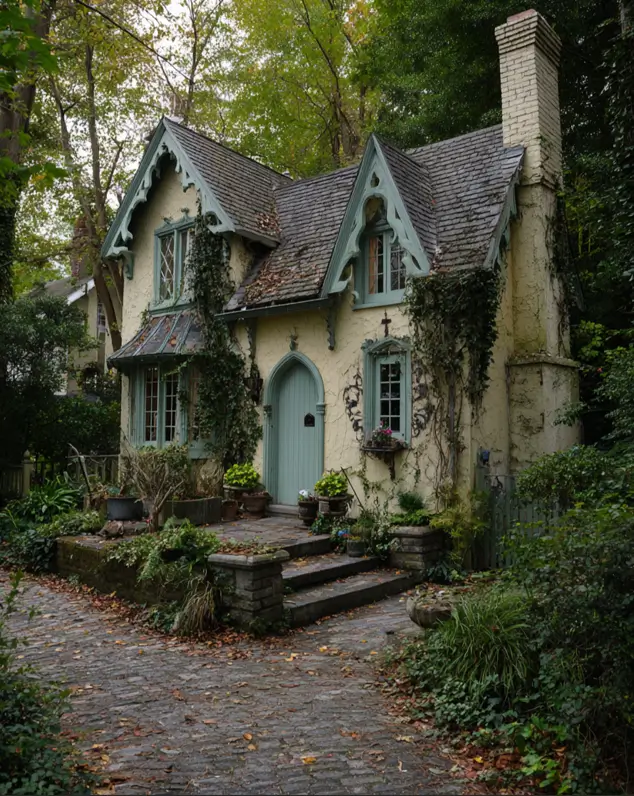 A storybook English cottage exterior with creamy stucco walls and whimsical dusty teal paint on the trim.