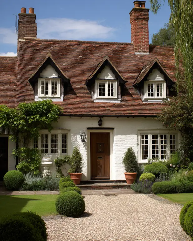The half-timbered details on the dormer windows of a classic Tudor-style English cottage exterior.
