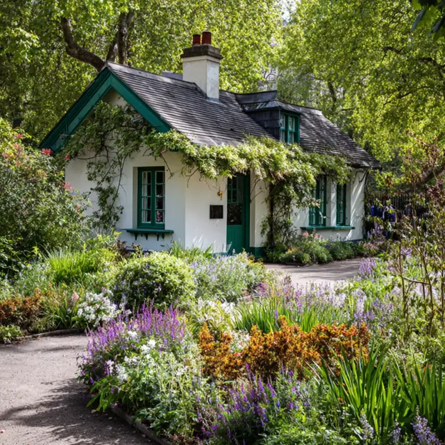 A charming white English cottage exterior with bold green trim, framed by a colorful and vibrant garden.