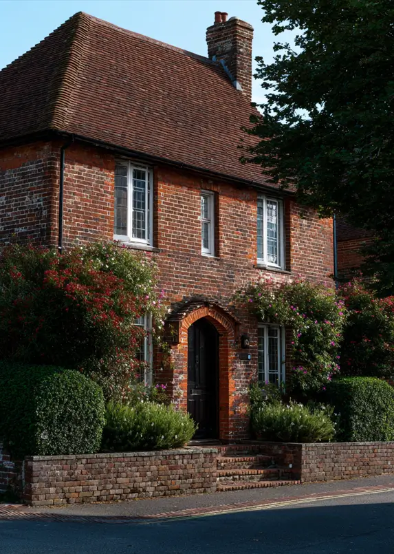 The arched brick entryway of a traditional English cottage, creating a historic and charming focal point.