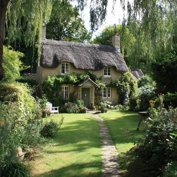 A secluded English cottage exterior with a thatched roof, viewed through the lush, draping branches of a tree.