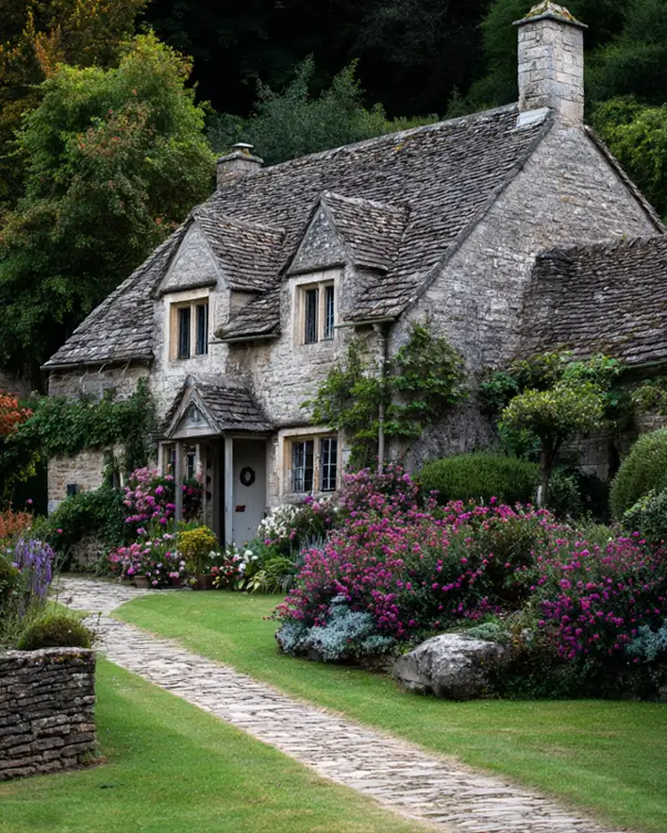 The stone facade of an English cottage, softened by abundant borders of pink and purple cottage garden plants.