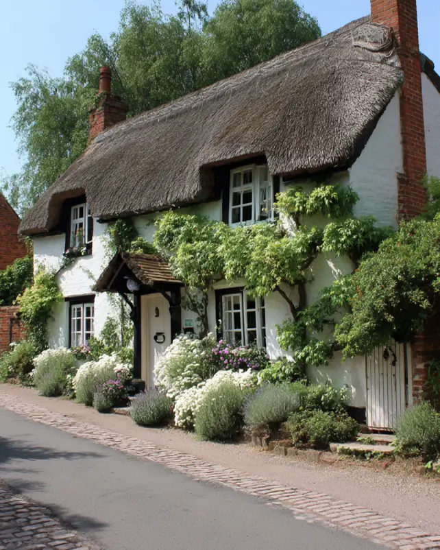 A classic English cottage exterior with white walls and romantic climbing vines trained across the front.