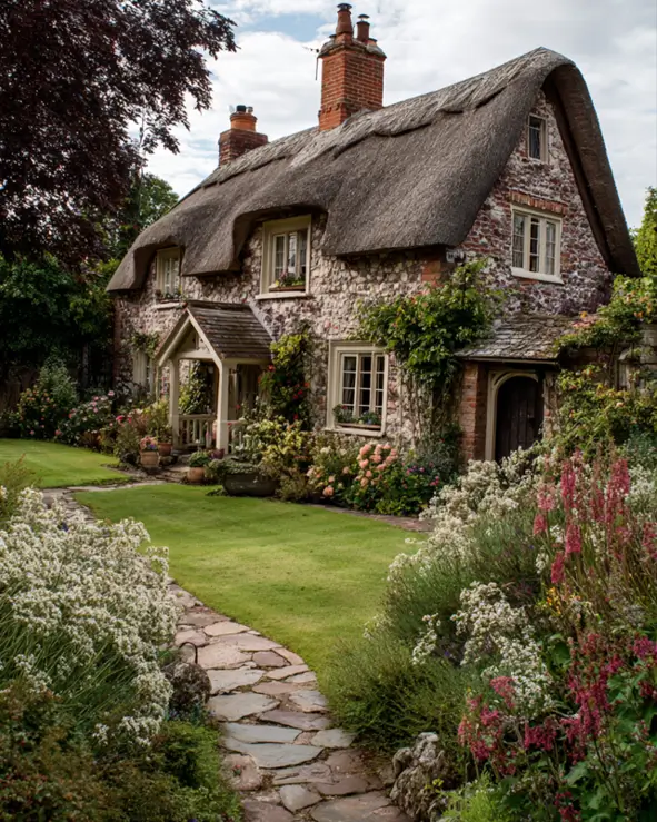 A winding flagstone path leading to a stone English cottage through an informal garden filled with flowers.