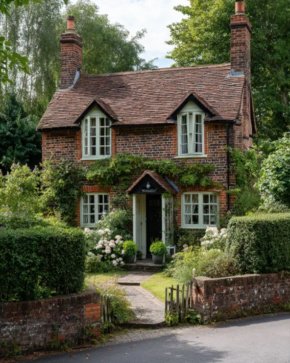 A red brick English cottage exterior featuring window frames painted in a soft, nature-inspired sage green.