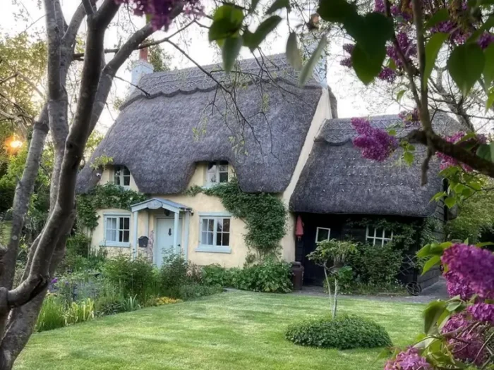 A charming English cottage exterior with a classic thatched roof and light blue trim, surrounded by a lush garden and flowering lilac trees.
